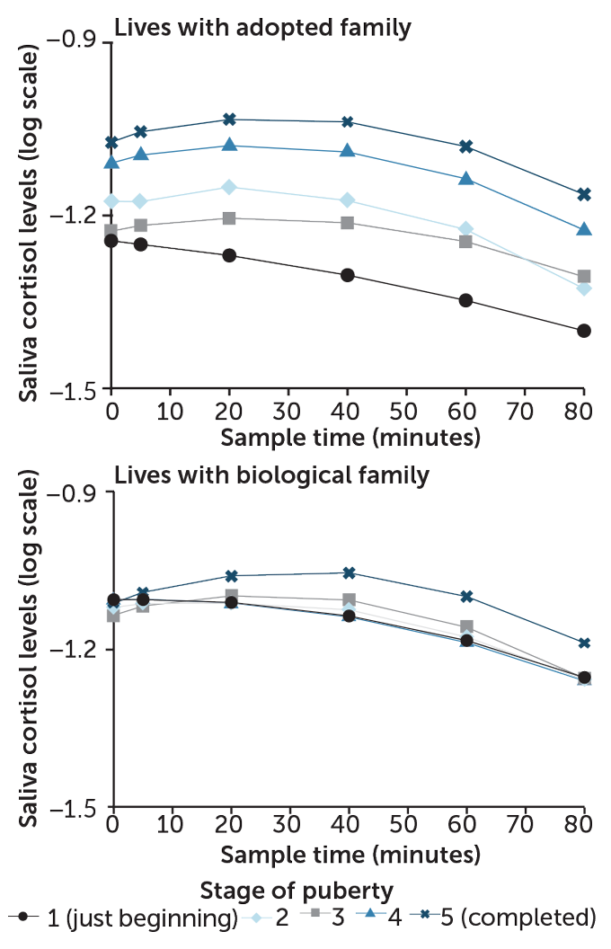 stress responses in adopted children and children living with their biological families throughout puberty