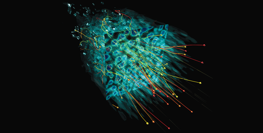 computer simulation of particles flying out of a box-shaped structure