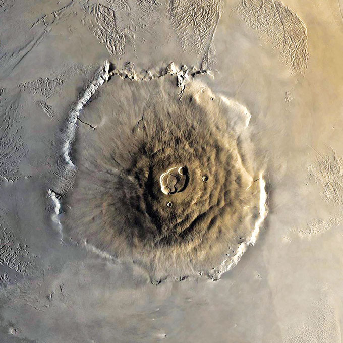 aerial photo of volcano on Mars