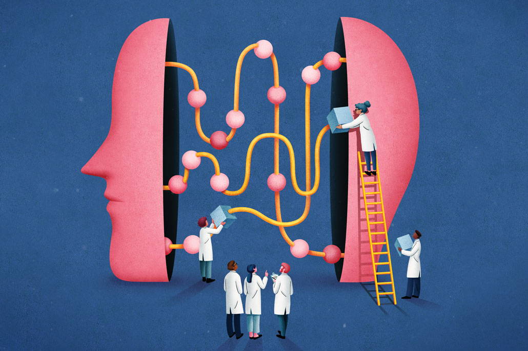 illustration of scientists observing the inside of a brain