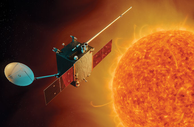 illustration of the Lagrange mission satellite and the sun