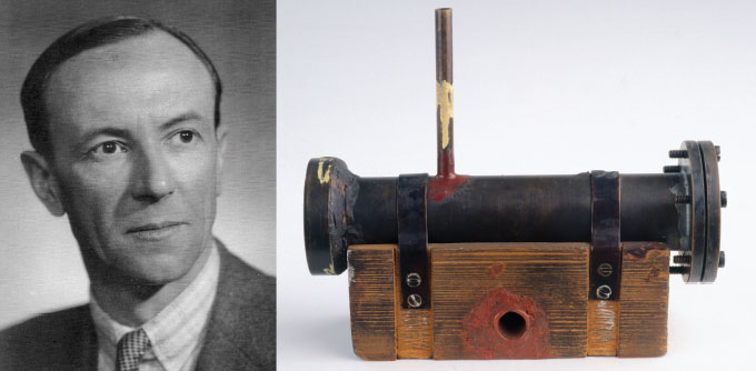 image of James Chadwick next to an image of his device