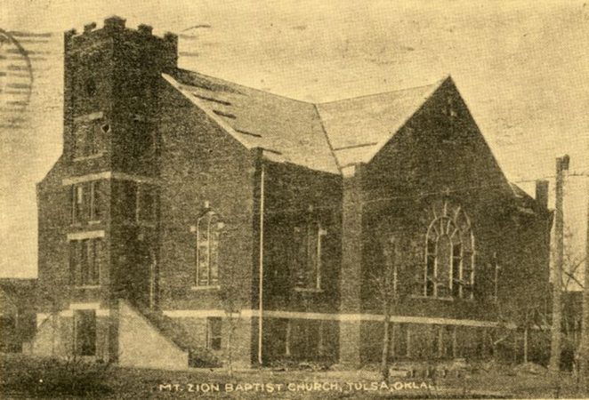 a black and white postcard of the Mt. Zion Baptist church before the massacre