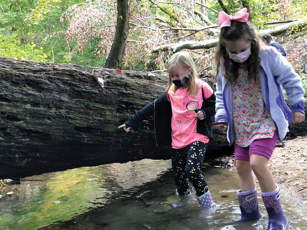 a photo of a downed tree in a forest, two young girls wearing face masks walk alongside the tree