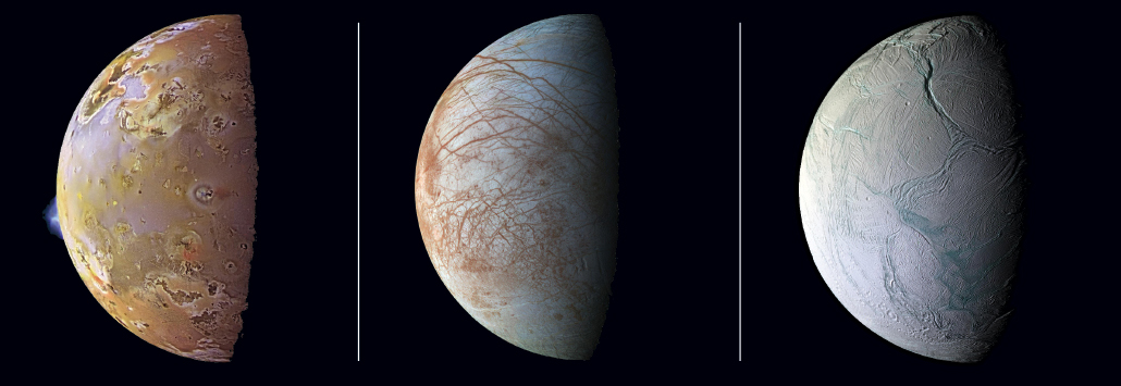 images of Io, Europa and Enceladus