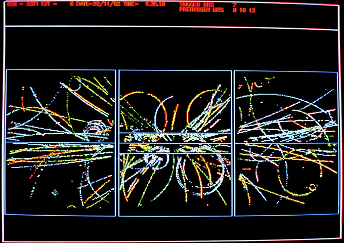 image of tracks of new particles produced after a proton and antiproton collide