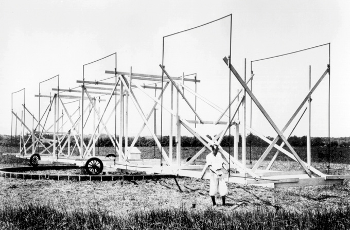 black and white image of Karl Jansky working on his rotating radio antenna