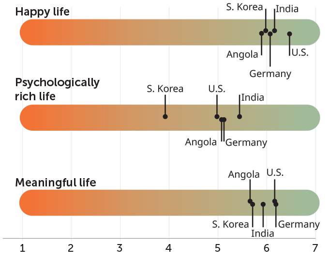 chart showing how people from different countries ranked words linked to happiness, psychological richness and meaning