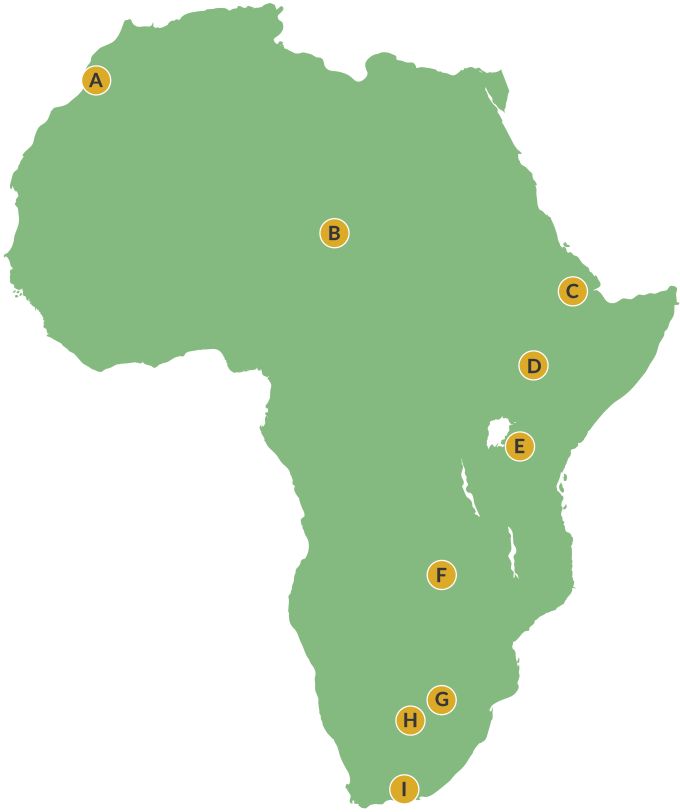 map of Africa with locator dots labeled A-I