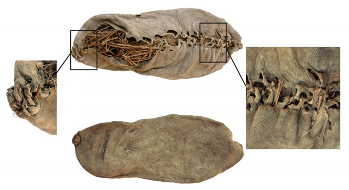 composite image of 5,500-year-old shoe, with close-ups on laces and heel