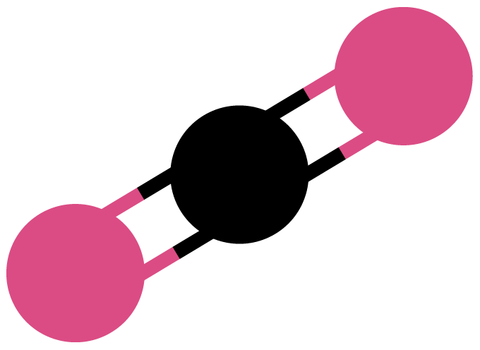 molecular structure of carbon dioxide showing one carbon atom in black and two oxygen atoms in pink