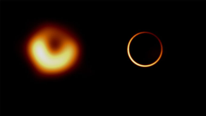 Two side-by-side images of the supermassive black hole in the galaxy M87, both taken by the Event Horizon Telescope EHT. The left image looks like a luminous blurry donut. On the right is a more recent image that isolates a circular feature of the black hole’s emission and resembles a thin ring.