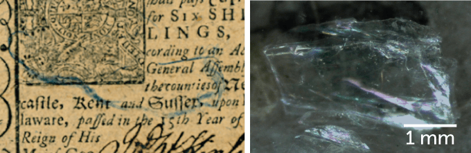 Two photos of Benjamin Franklin’s incorporated elements like blue thread (left) and microscopic muscovite (right) in their paper money.