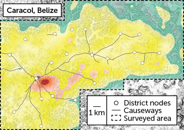 A map shows the Maya city Caracol in Belize. Colors denote estimated population densities, with dark red indicating higher densities, and then progressively lower densities in pink, yellow and green. The population estimates are highest at the city center, but yellow areas extend out around district nodes (shown as circles). Causeways link those nodes, as indicated by lines on the map.