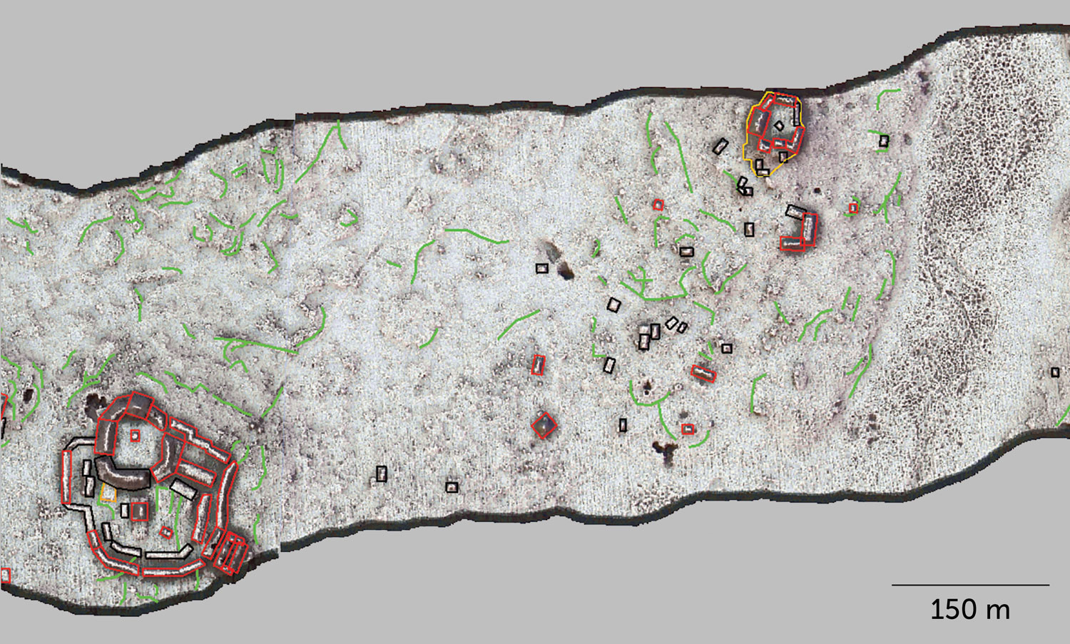 A lidar map Campeche with vaulted structures outlined in red, nonvaulted structures outlined in black and agricultural terraces indicated by green lines.