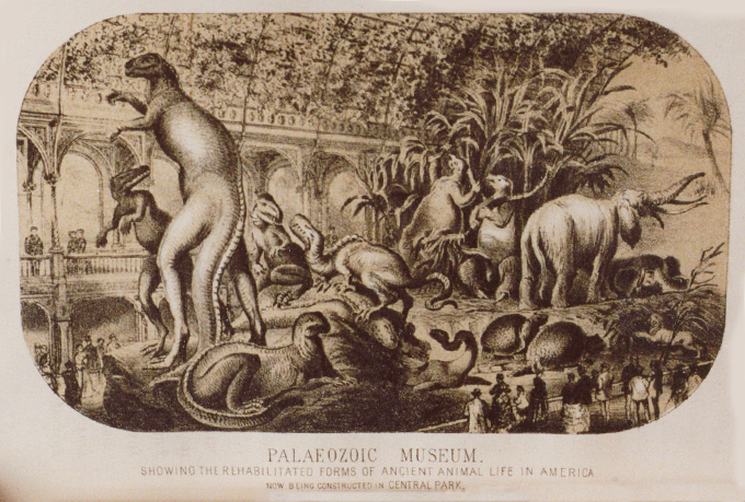 A black-and-white sketch of what the inside of the Paleozoic Museum might have looked like