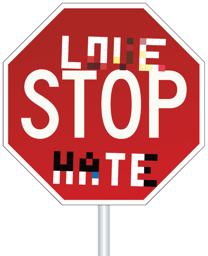 A stop sign icon with stickers that say "Love" and "Hate" above and below the word "Stop" respectively.