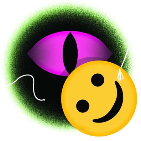 An illustration of a dark pink eye behind a smiley face.